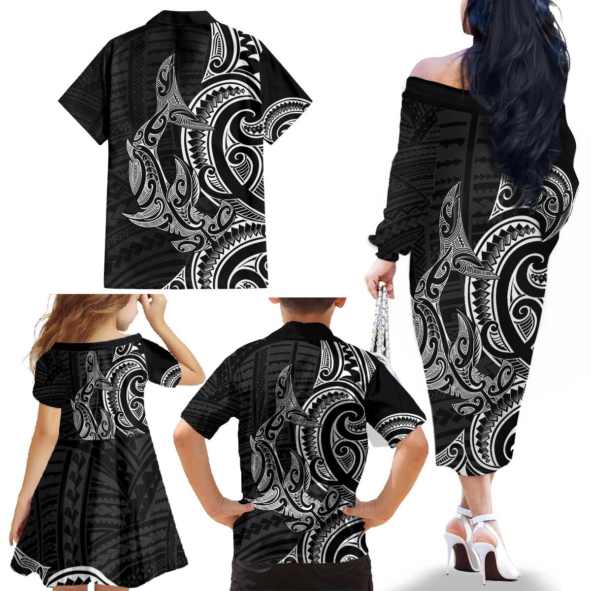 New Zealand Hammerhead Shark Family Matching Off The Shoulder Long Sleeve Dress and Hawaiian Shirt Maori Haehae Mangopare Black - Vibe Hoodie