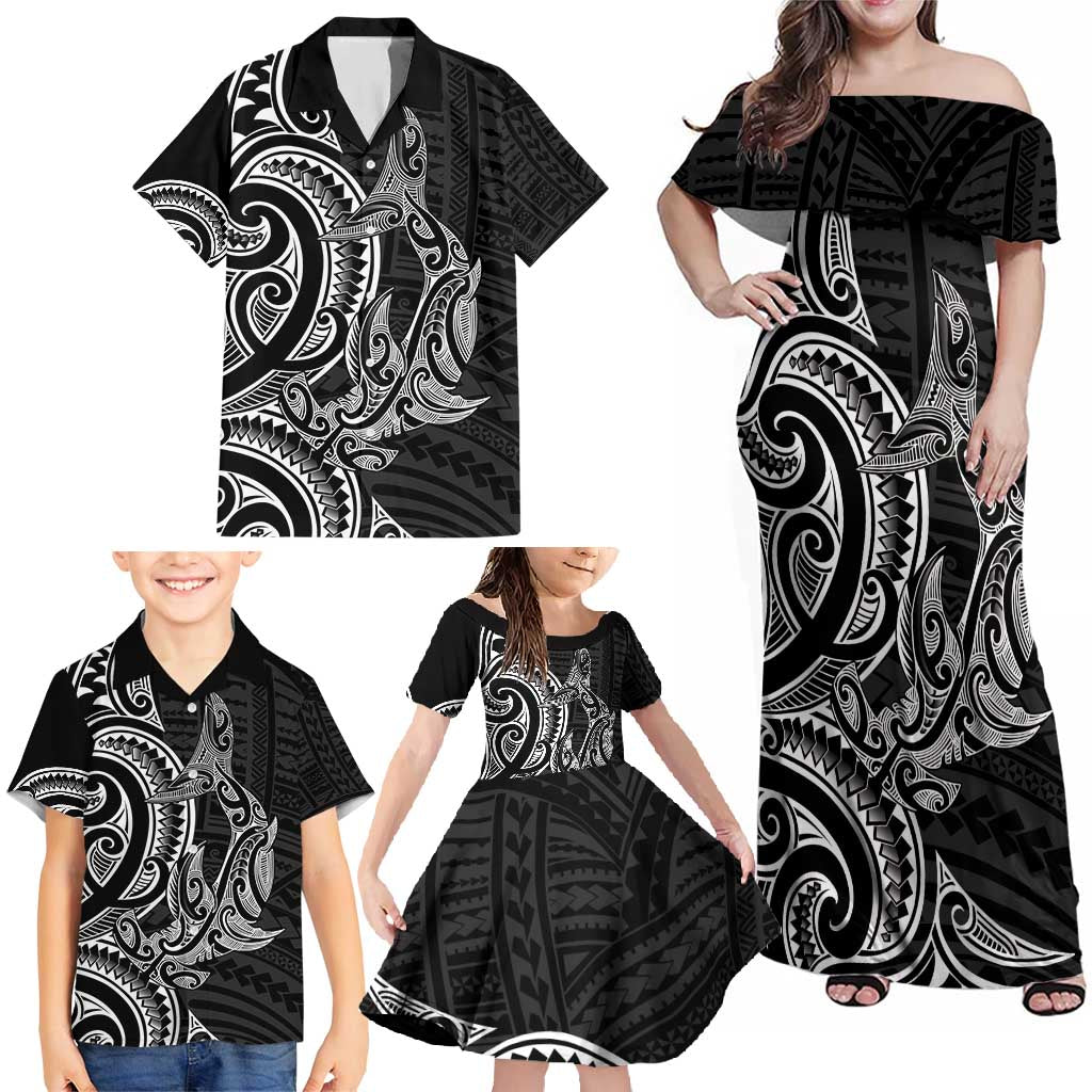 New Zealand Hammerhead Shark Family Matching Off Shoulder Maxi Dress and Hawaiian Shirt Maori Haehae Mangopare Black - Vibe Hoodie