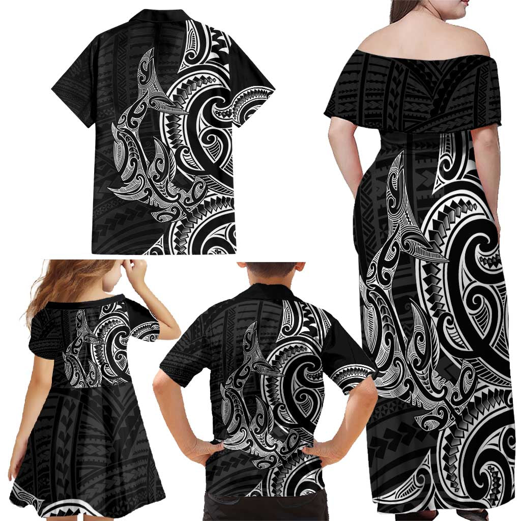 New Zealand Hammerhead Shark Family Matching Off Shoulder Maxi Dress and Hawaiian Shirt Maori Haehae Mangopare Black - Vibe Hoodie