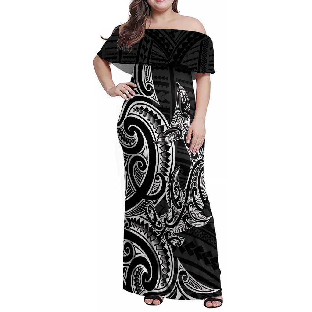 New Zealand Hammerhead Shark Family Matching Off Shoulder Maxi Dress and Hawaiian Shirt Maori Haehae Mangopare Black - Vibe Hoodie