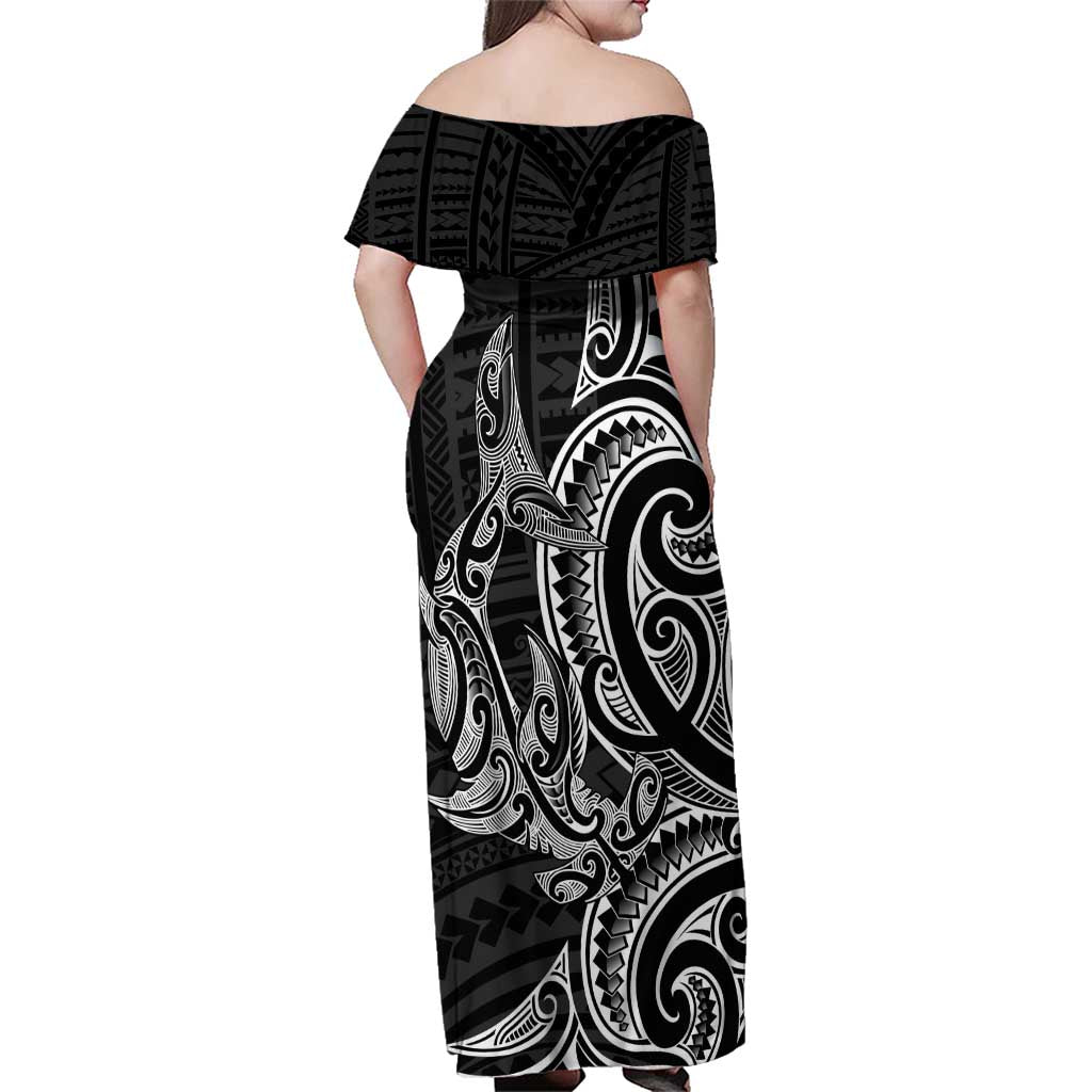 New Zealand Hammerhead Shark Family Matching Off Shoulder Maxi Dress and Hawaiian Shirt Maori Haehae Mangopare Black - Vibe Hoodie