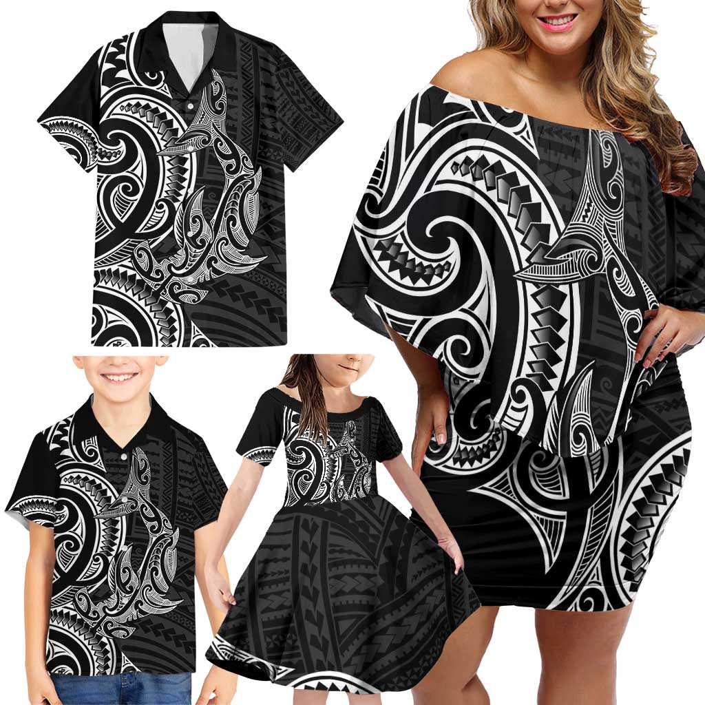 New Zealand Hammerhead Shark Family Matching Off Shoulder Short Dress and Hawaiian Shirt Maori Haehae Mangopare Black - Vibe Hoodie
