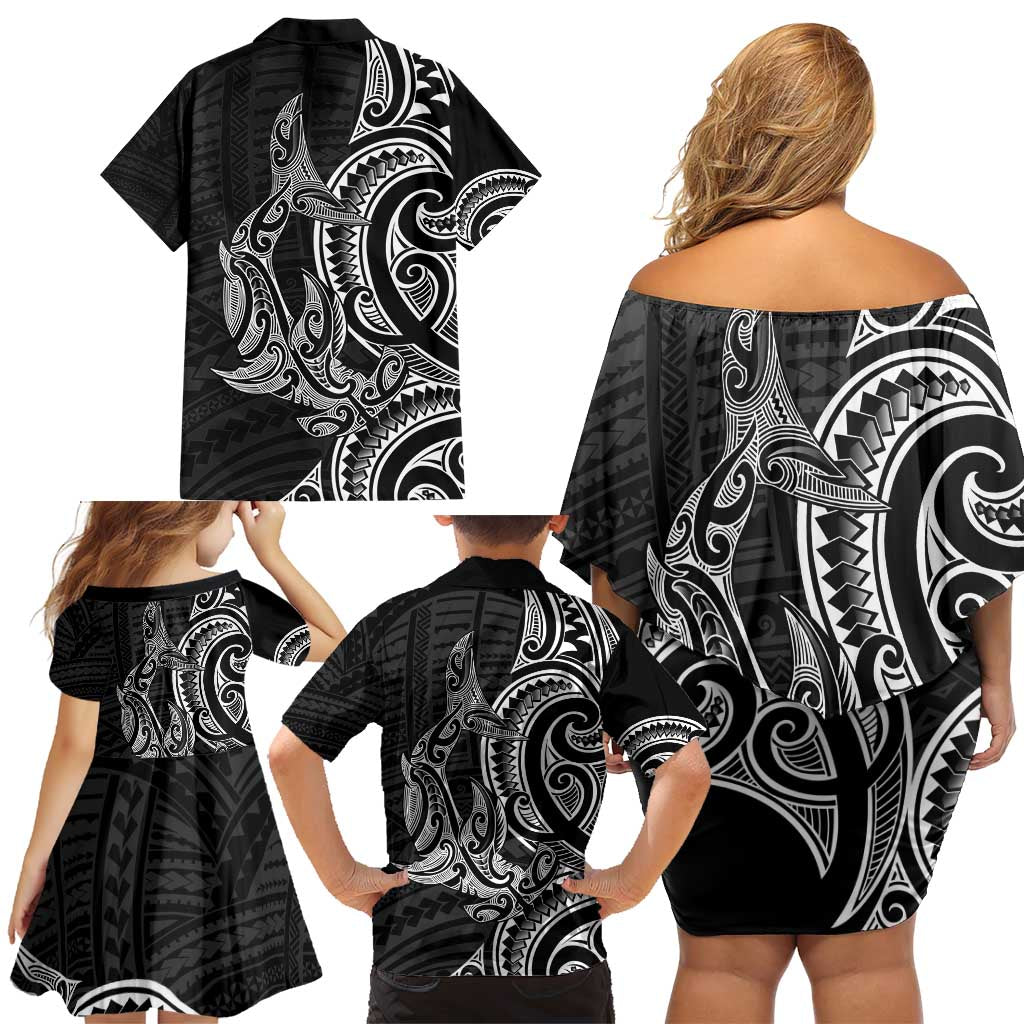 New Zealand Hammerhead Shark Family Matching Off Shoulder Short Dress and Hawaiian Shirt Maori Haehae Mangopare Black - Vibe Hoodie