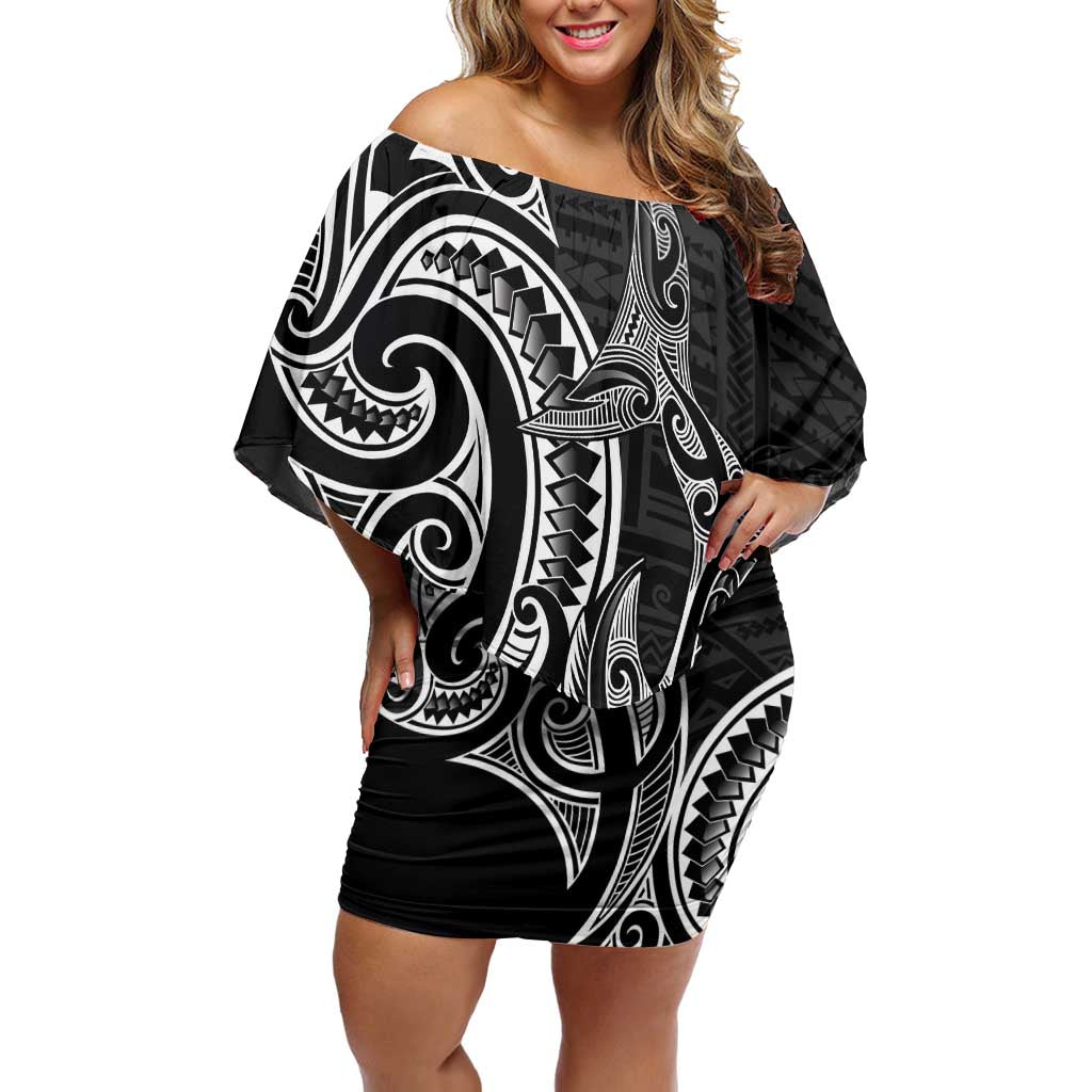 New Zealand Hammerhead Shark Family Matching Off Shoulder Short Dress and Hawaiian Shirt Maori Haehae Mangopare Black - Vibe Hoodie