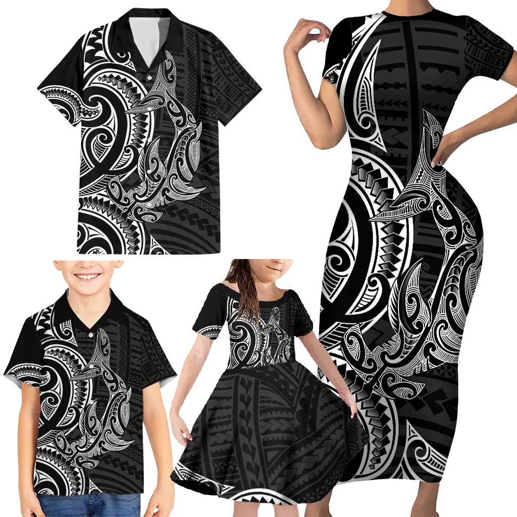 New Zealand Hammerhead Shark Family Matching Short Sleeve Bodycon Dress and Hawaiian Shirt Maori Haehae Mangopare Black - Vibe Hoodie