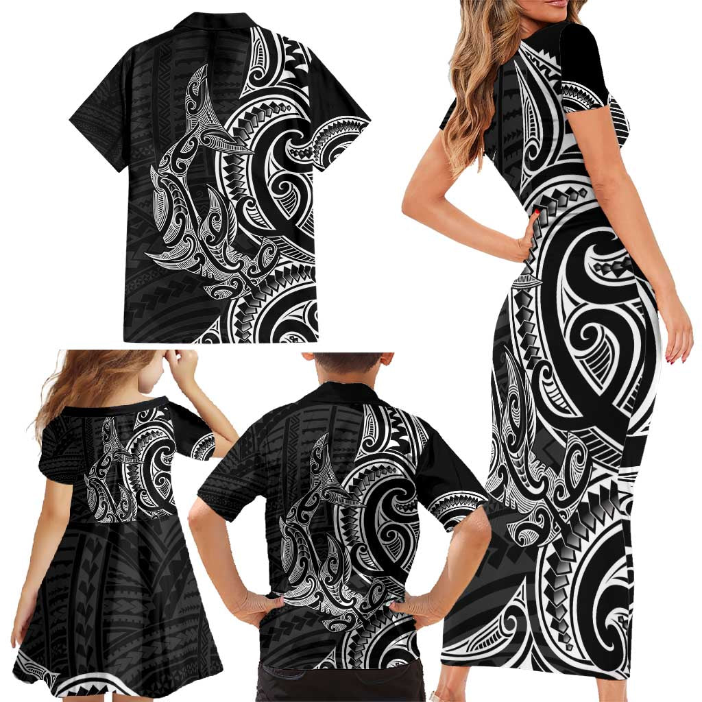 New Zealand Hammerhead Shark Family Matching Short Sleeve Bodycon Dress and Hawaiian Shirt Maori Haehae Mangopare Black - Vibe Hoodie