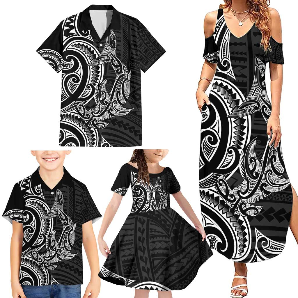 New Zealand Hammerhead Shark Family Matching Summer Maxi Dress and Hawaiian Shirt Maori Haehae Mangopare Black - Vibe Hoodie