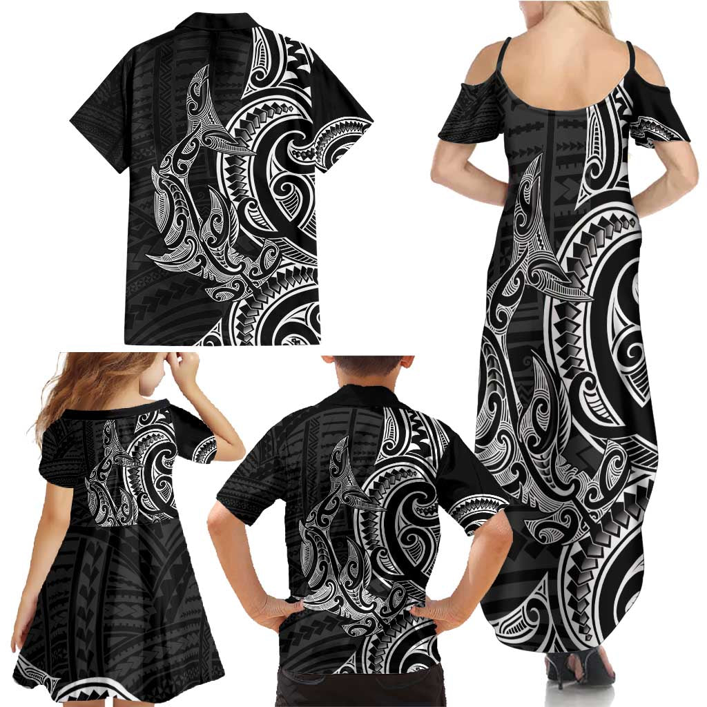 New Zealand Hammerhead Shark Family Matching Summer Maxi Dress and Hawaiian Shirt Maori Haehae Mangopare Black - Vibe Hoodie