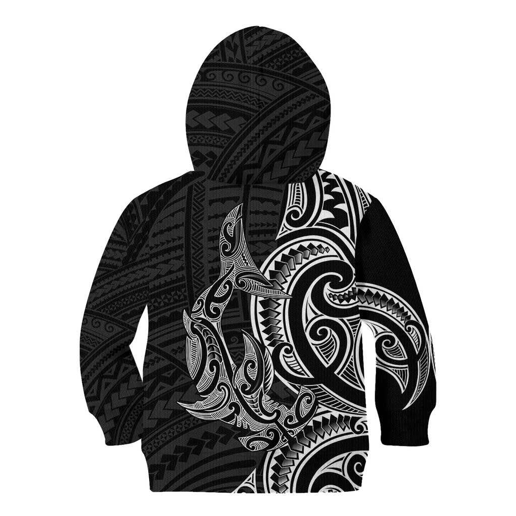 New Zealand Hammerhead Shark Kid Hoodie Maori Haehae Mangopare Black - Vibe Hoodie