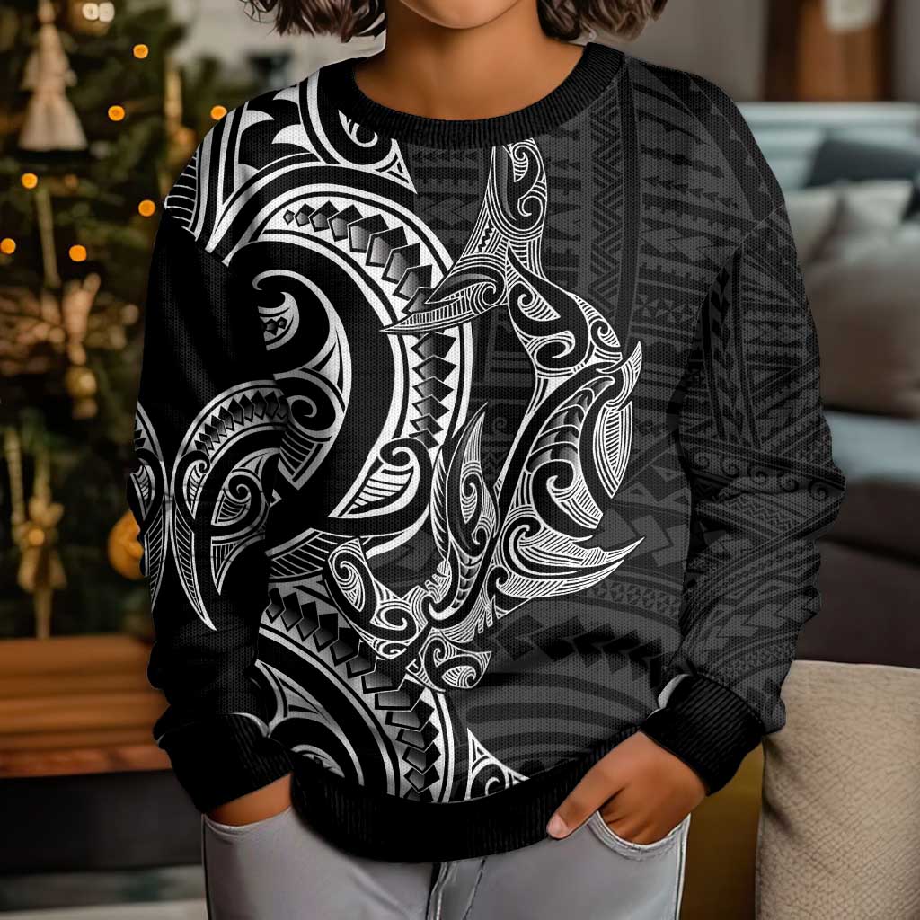 New Zealand Hammerhead Shark Kid Ugly Christmas Sweater Maori Haehae Mangopare Black - Vibe Hoodie