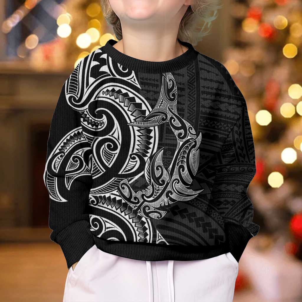 New Zealand Hammerhead Shark Kid Ugly Christmas Sweater Maori Haehae Mangopare Black - Vibe Hoodie