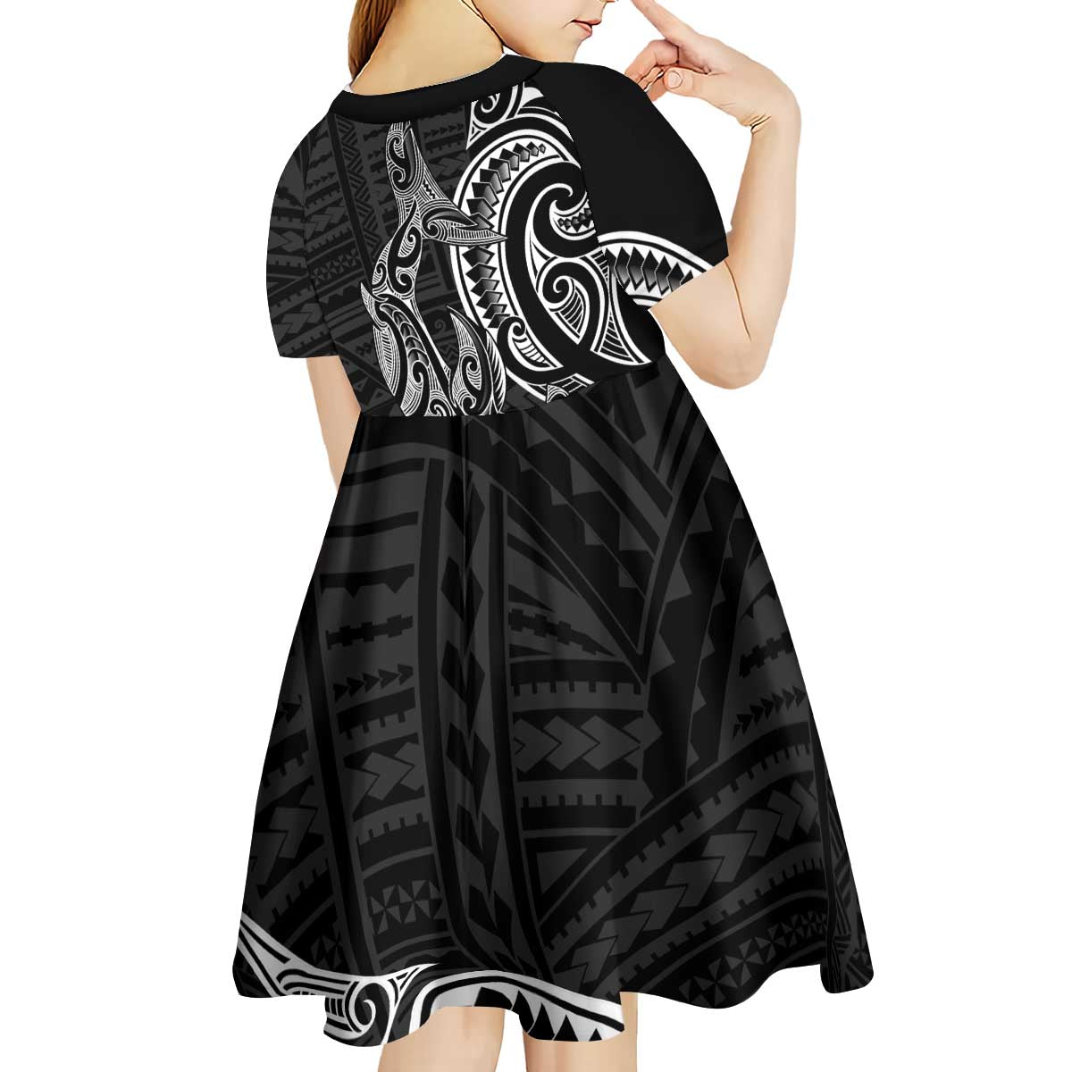 New Zealand Hammerhead Shark Kid Short Sleeve Dress Maori Haehae Mangopare Black - Vibe Hoodie