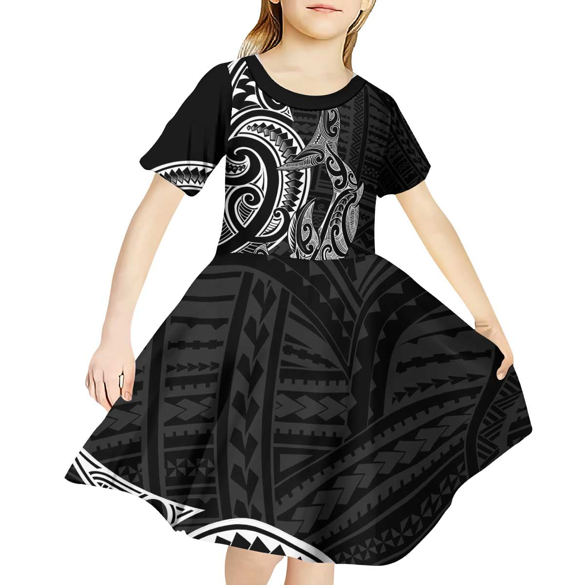 New Zealand Hammerhead Shark Kid Short Sleeve Dress Maori Haehae Mangopare Black - Vibe Hoodie