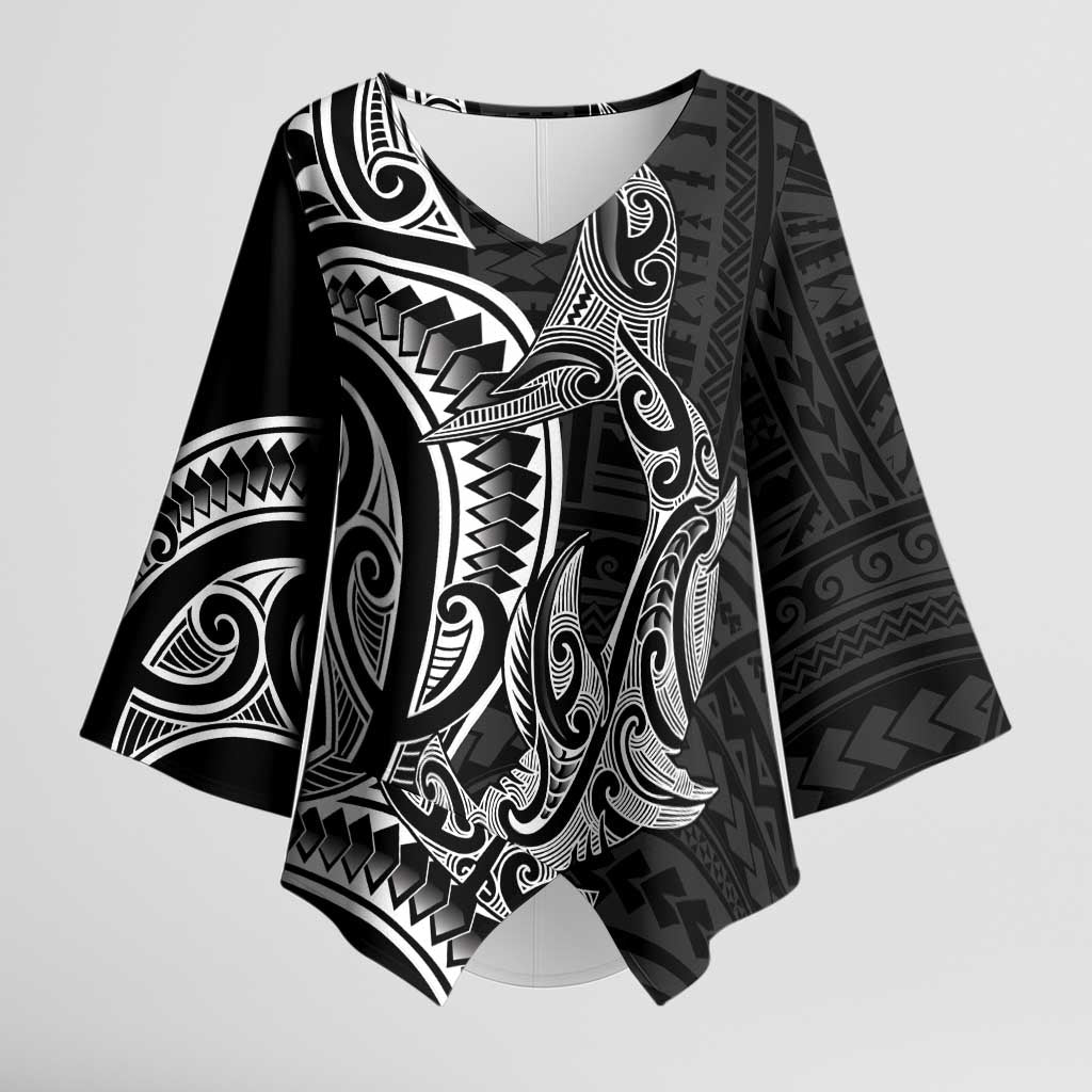 New Zealand Hammerhead Shark Kimono Sleeve Blouse Maori Haehae Mangopare Black - Vibe Hoodie