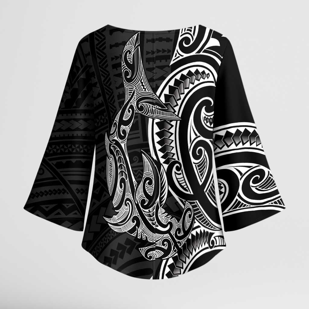 New Zealand Hammerhead Shark Kimono Sleeve Blouse Maori Haehae Mangopare Black - Vibe Hoodie