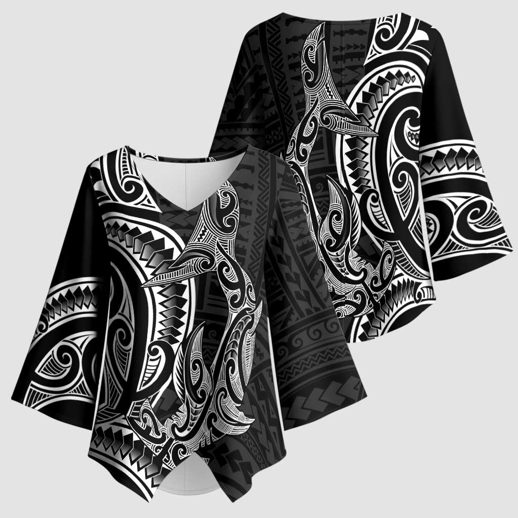 New Zealand Hammerhead Shark Kimono Sleeve Blouse Maori Haehae Mangopare Black - Vibe Hoodie