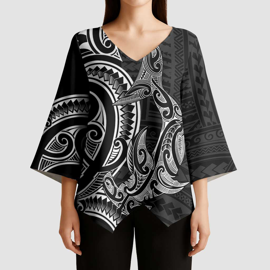 New Zealand Hammerhead Shark Kimono Sleeve Blouse Maori Haehae Mangopare Black - Vibe Hoodie