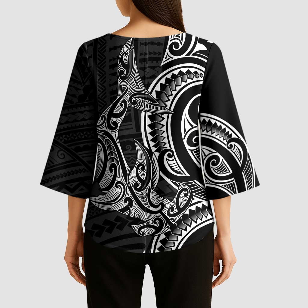 New Zealand Hammerhead Shark Kimono Sleeve Blouse Maori Haehae Mangopare Black - Vibe Hoodie