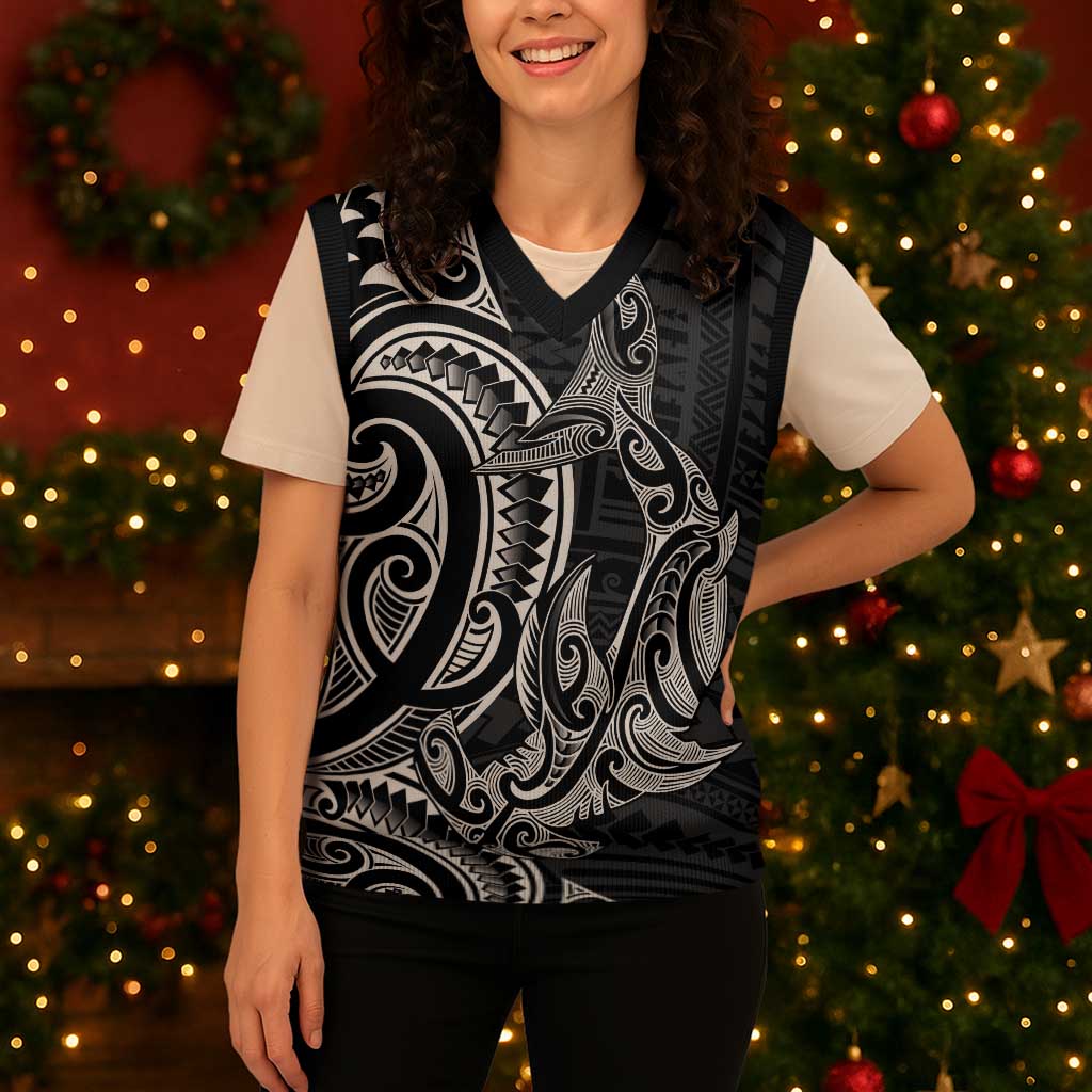New Zealand Hammerhead Shark Christmas Knitted V-Neck Vest Maori Haehae Mangopare Black - Vibe Hoodie