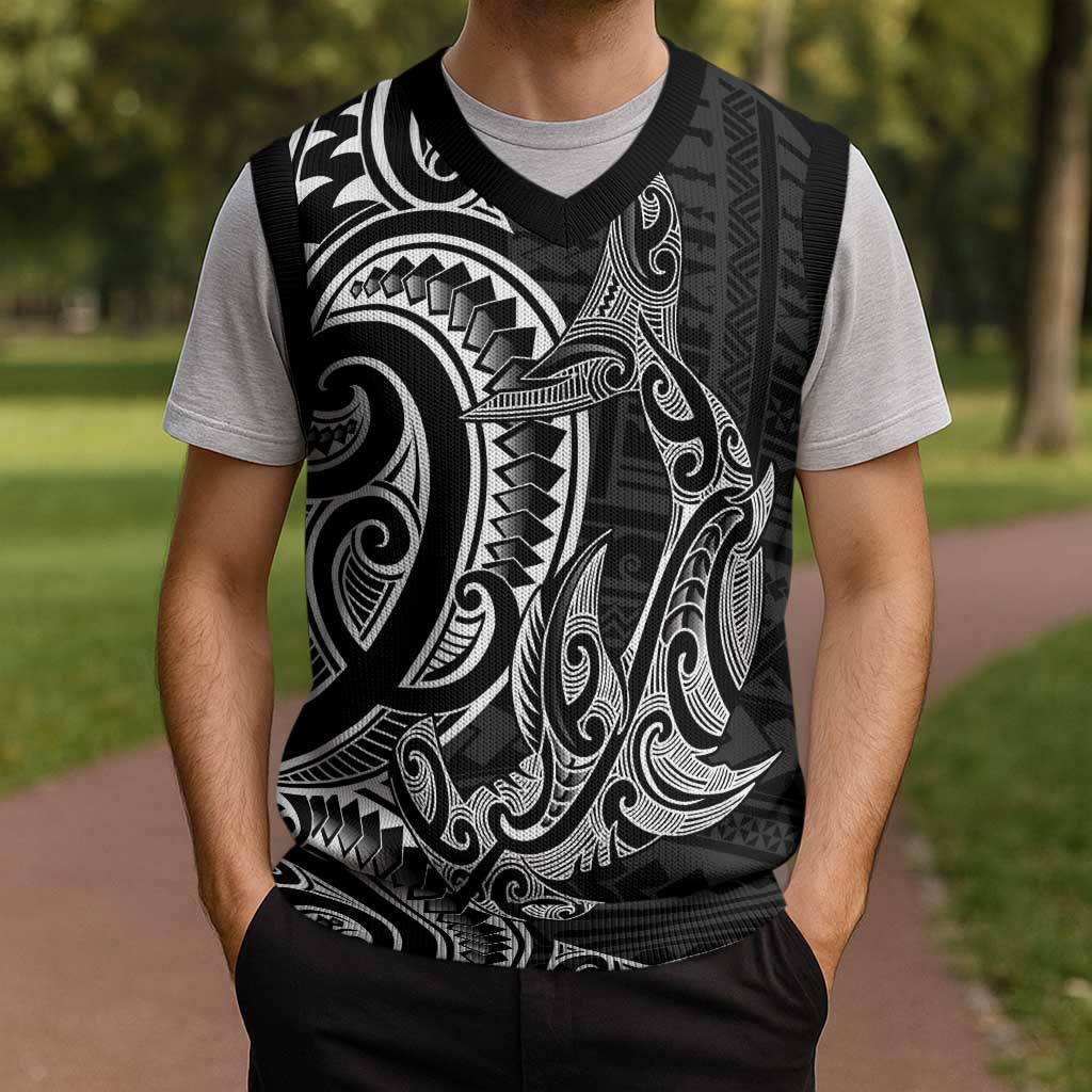 New Zealand Hammerhead Shark Christmas Knitted V-Neck Vest Maori Haehae Mangopare Black - Vibe Hoodie