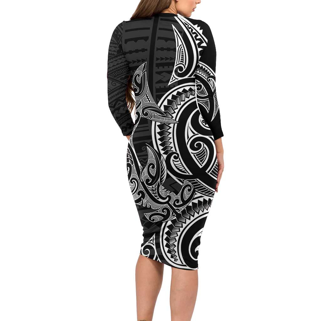 New Zealand Hammerhead Shark Long Sleeve Bodycon Dress Maori Haehae Mangopare Black - Vibe Hoodie