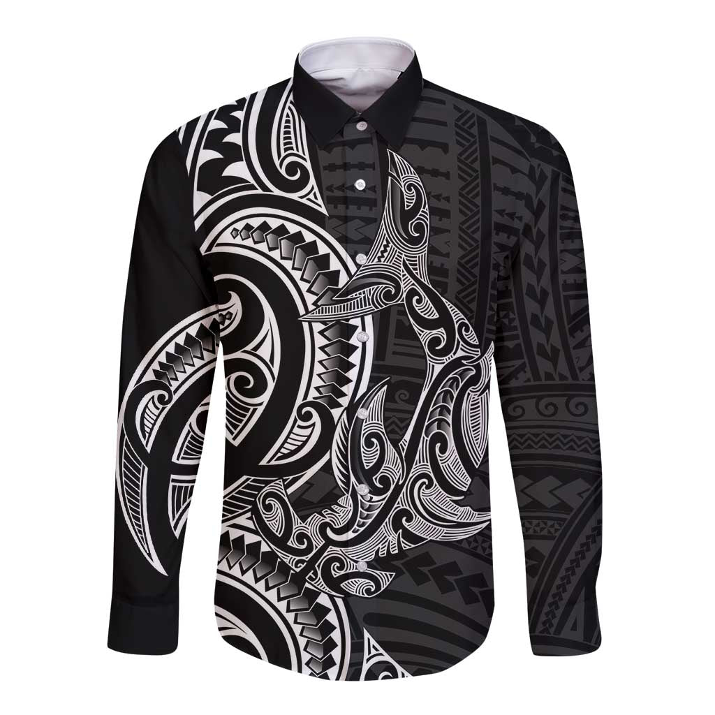 New Zealand Hammerhead Shark Long Sleeve Button Shirt Maori Haehae Mangopare Black - Vibe Hoodie
