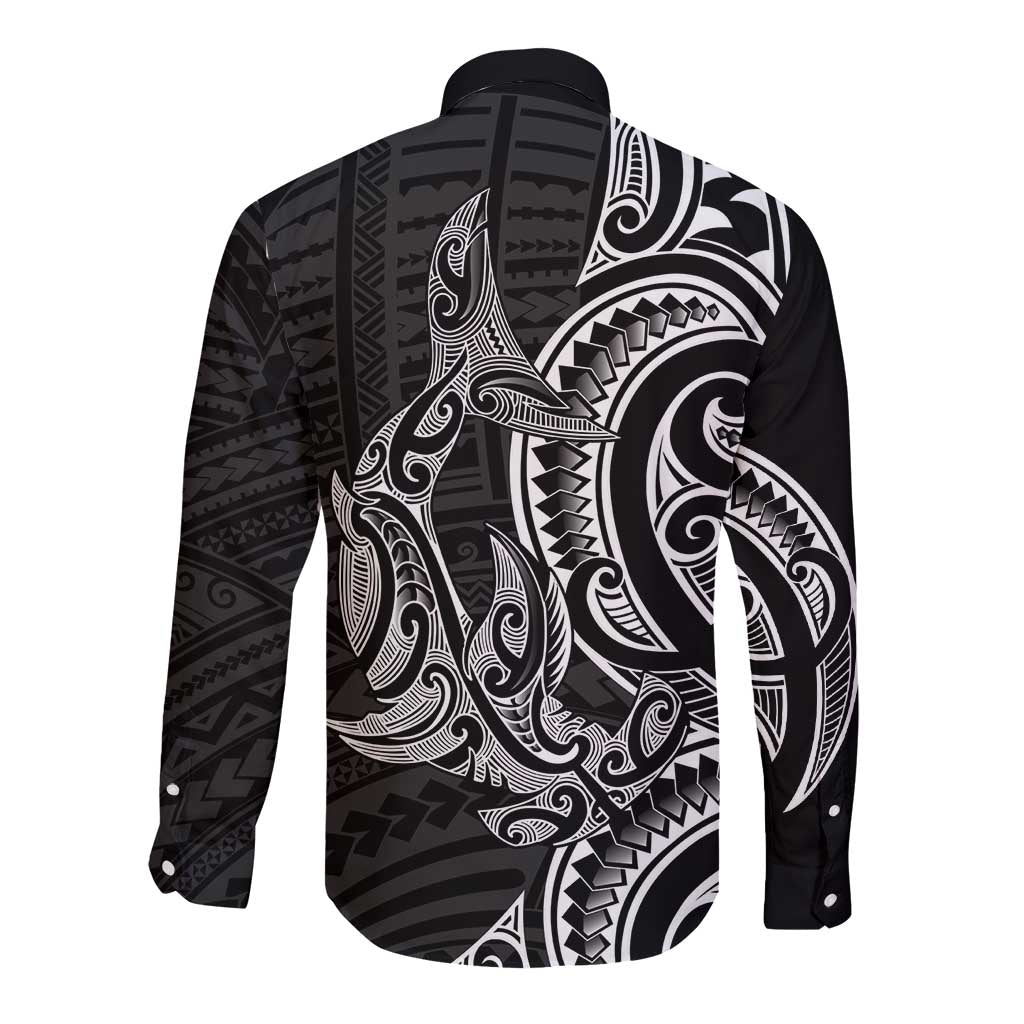 New Zealand Hammerhead Shark Long Sleeve Button Shirt Maori Haehae Mangopare Black - Vibe Hoodie