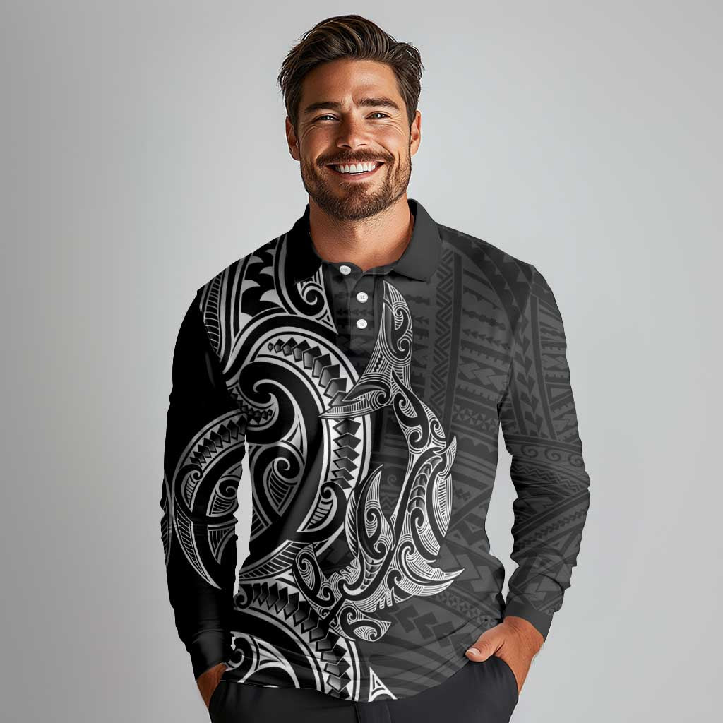New Zealand Hammerhead Shark Long Sleeve Polo Shirt Maori Haehae Mangopare Black - Vibe Hoodie
