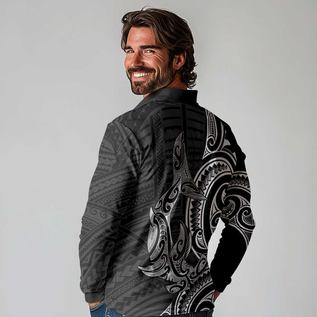 New Zealand Hammerhead Shark Long Sleeve Polo Shirt Maori Haehae Mangopare Black - Vibe Hoodie