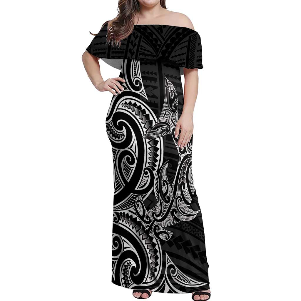 New Zealand Hammerhead Shark Off Shoulder Maxi Dress Maori Haehae Mangopare Black - Vibe Hoodie