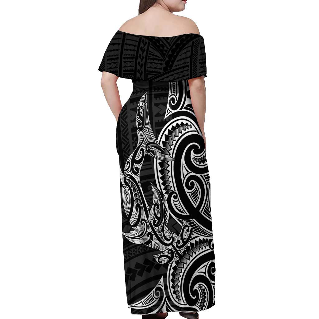 New Zealand Hammerhead Shark Off Shoulder Maxi Dress Maori Haehae Mangopare Black - Vibe Hoodie