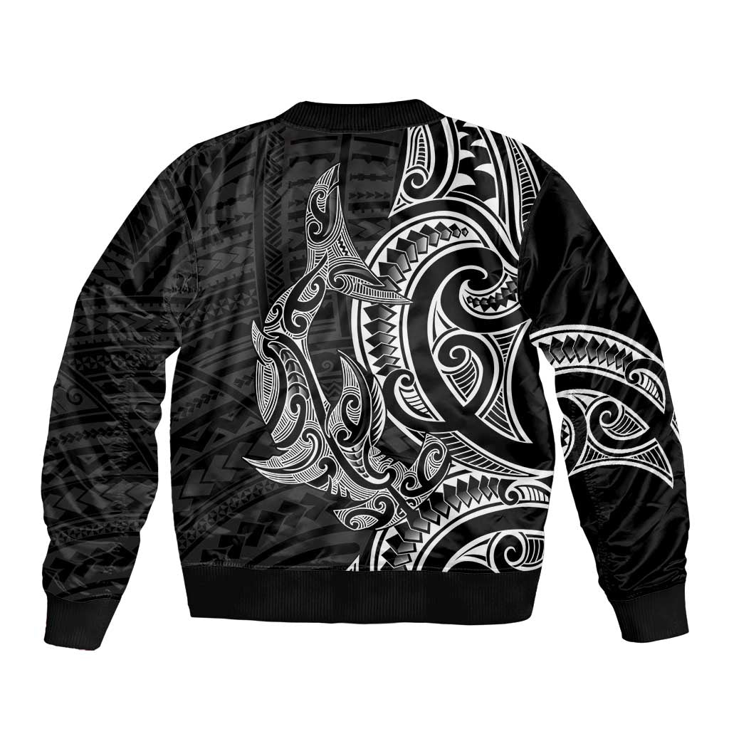 New Zealand Hammerhead Shark Sleeve Zip Bomber Jacket Maori Haehae Mangopare Black - Vibe Hoodie