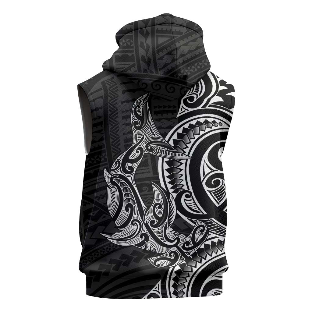 New Zealand Hammerhead Shark Sleeveless Hoodie Maori Haehae Mangopare Black - Vibe Hoodie