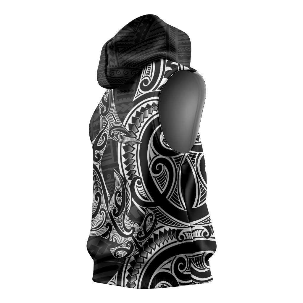 New Zealand Hammerhead Shark Sleeveless Hoodie Maori Haehae Mangopare Black - Vibe Hoodie