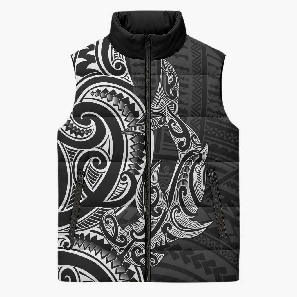 New Zealand Hammerhead Shark Sleeveless Puffer Jacket Maori Haehae Mangopare Black - Vibe Hoodie