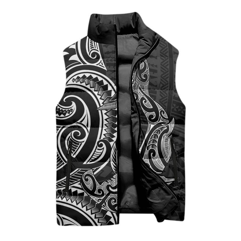New Zealand Hammerhead Shark Sleeveless Puffer Jacket Maori Haehae Mangopare Black - Vibe Hoodie