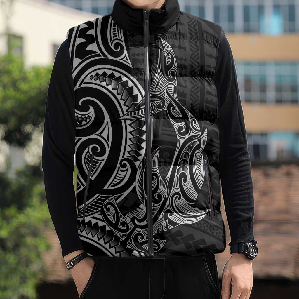 New Zealand Hammerhead Shark Sleeveless Puffer Jacket Maori Haehae Mangopare Black - Vibe Hoodie