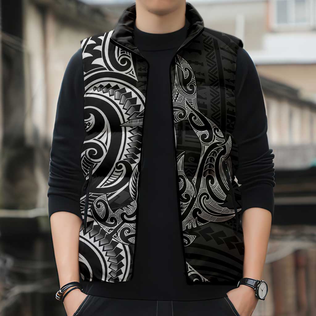 New Zealand Hammerhead Shark Sleeveless Puffer Jacket Maori Haehae Mangopare Black - Vibe Hoodie