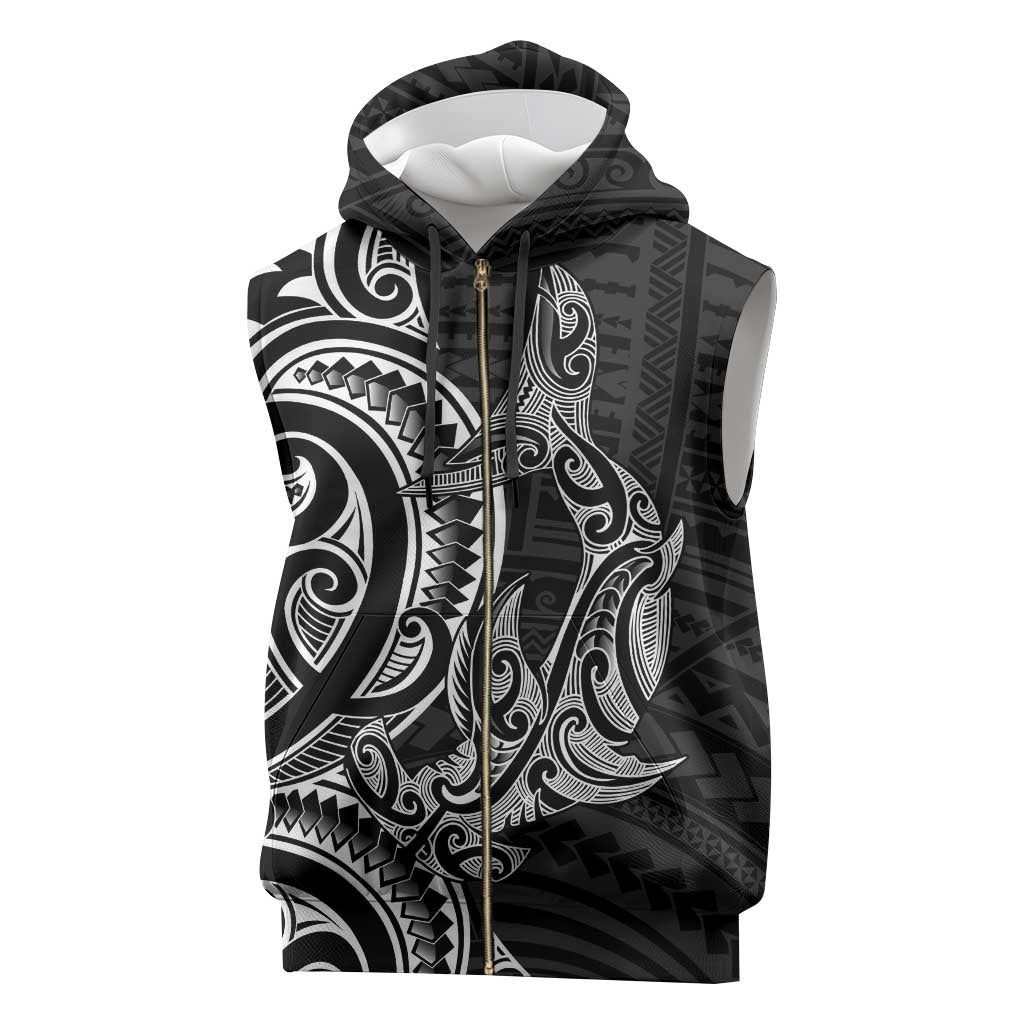 New Zealand Hammerhead Shark Sleeveless Zip Hoodie Maori Haehae Mangopare Black - Vibe Hoodie