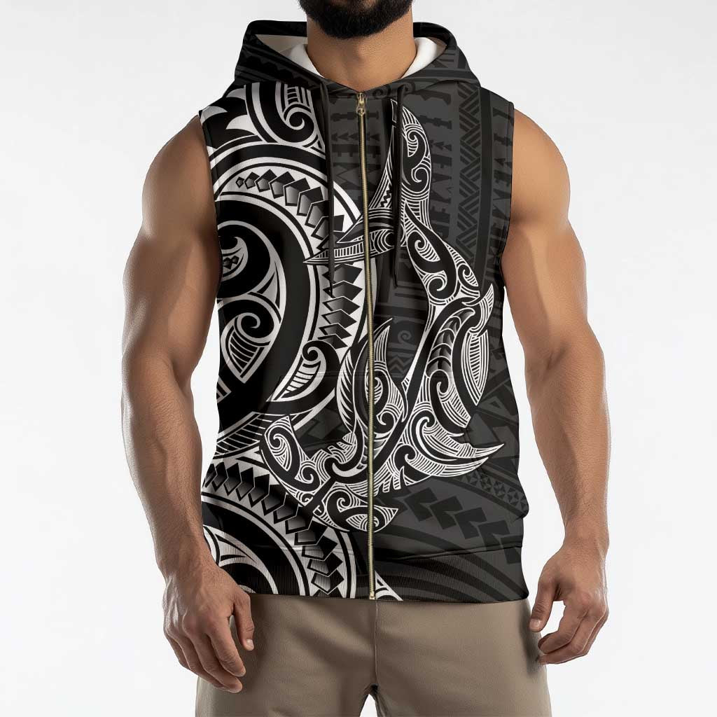 New Zealand Hammerhead Shark Sleeveless Zip Hoodie Maori Haehae Mangopare Black - Vibe Hoodie