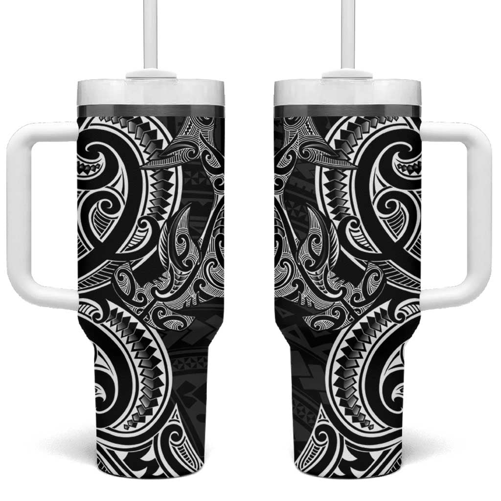 New Zealand Hammerhead Shark Tumbler With Handle Maori Haehae Mangopare Black - Vibe Hoodie