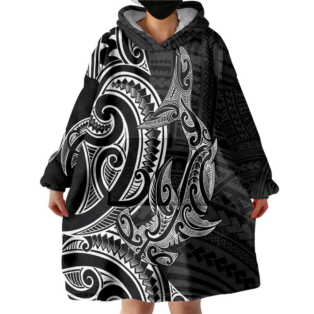 New Zealand Hammerhead Shark Wearable Blanket Hoodie Maori Haehae Mangopare Black - Vibe Hoodie