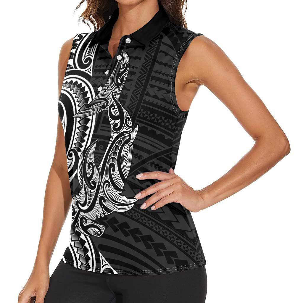 New Zealand Hammerhead Shark Women Sleeveless Polo Shirt Maori Haehae Mangopare Black - Vibe Hoodie