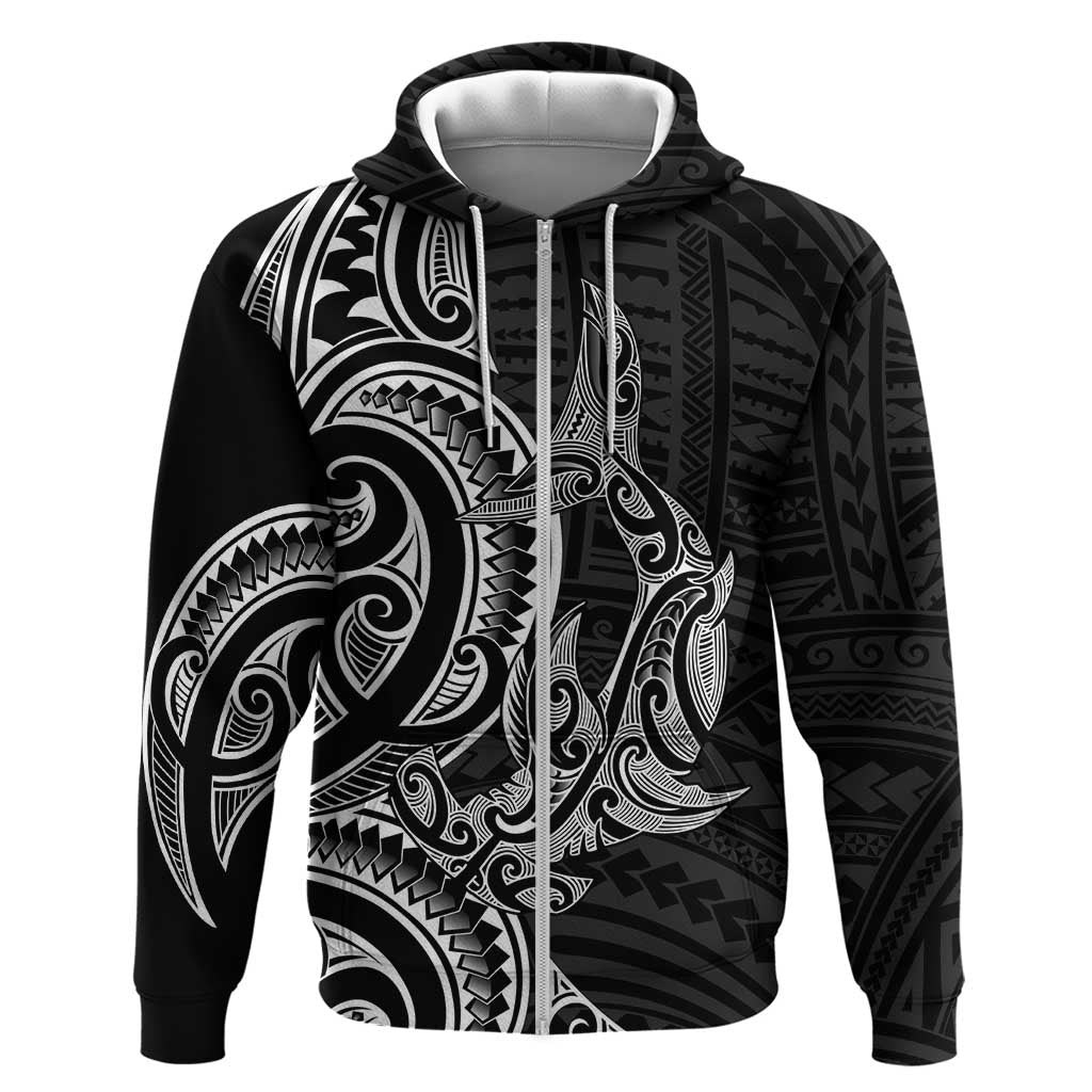 New Zealand Hammerhead Shark Zip Hoodie Maori Haehae Mangopare Black - Vibe Hoodie