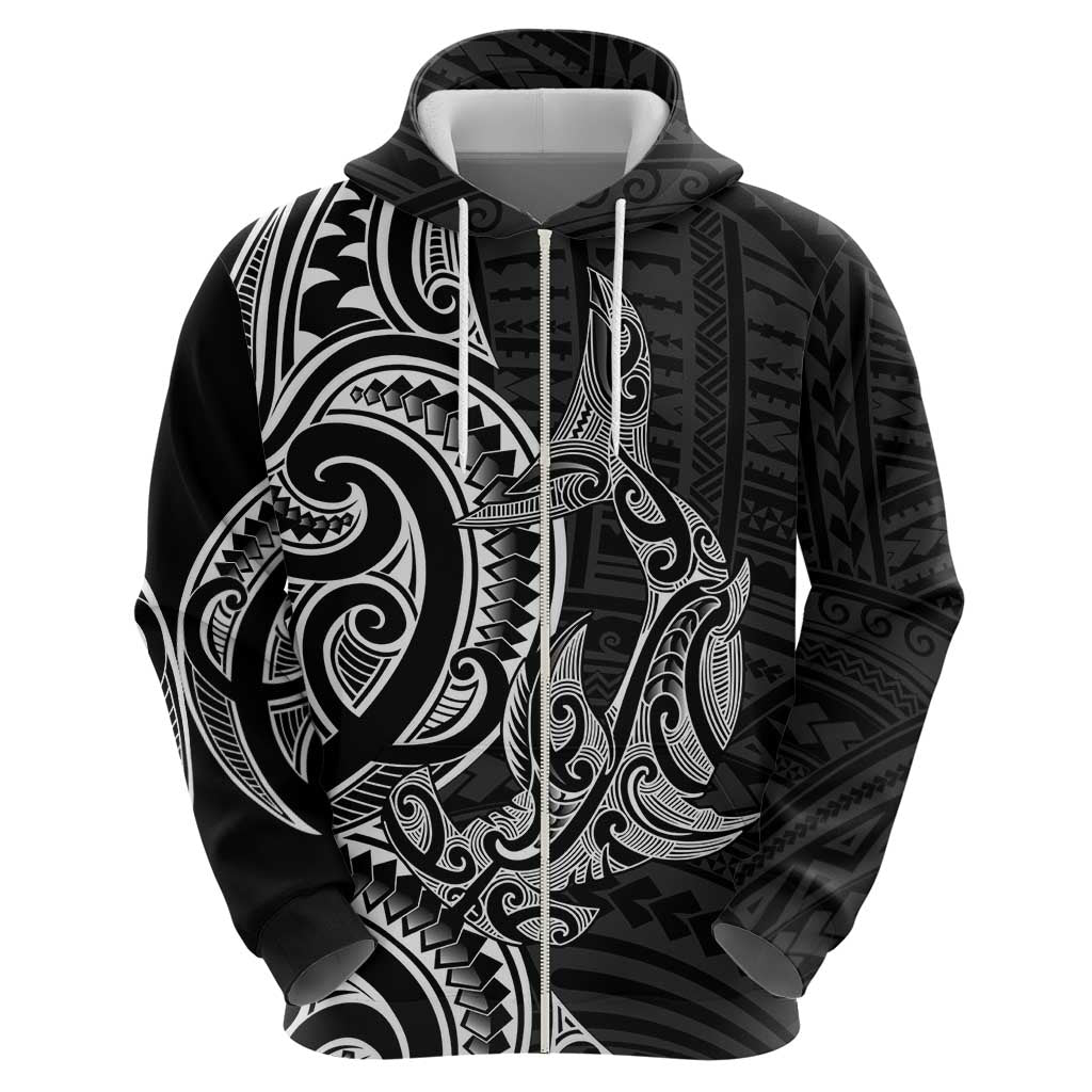 New Zealand Hammerhead Shark Zip Hoodie Maori Haehae Mangopare Black - Vibe Hoodie