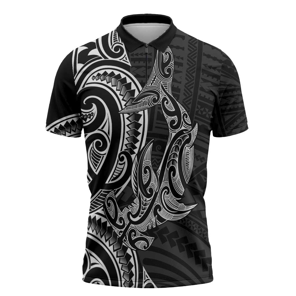 New Zealand Hammerhead Shark Zipper Polo Shirt Maori Haehae Mangopare Black - Vibe Hoodie