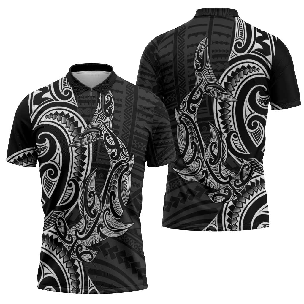 New Zealand Hammerhead Shark Zipper Polo Shirt Maori Haehae Mangopare Black - Vibe Hoodie