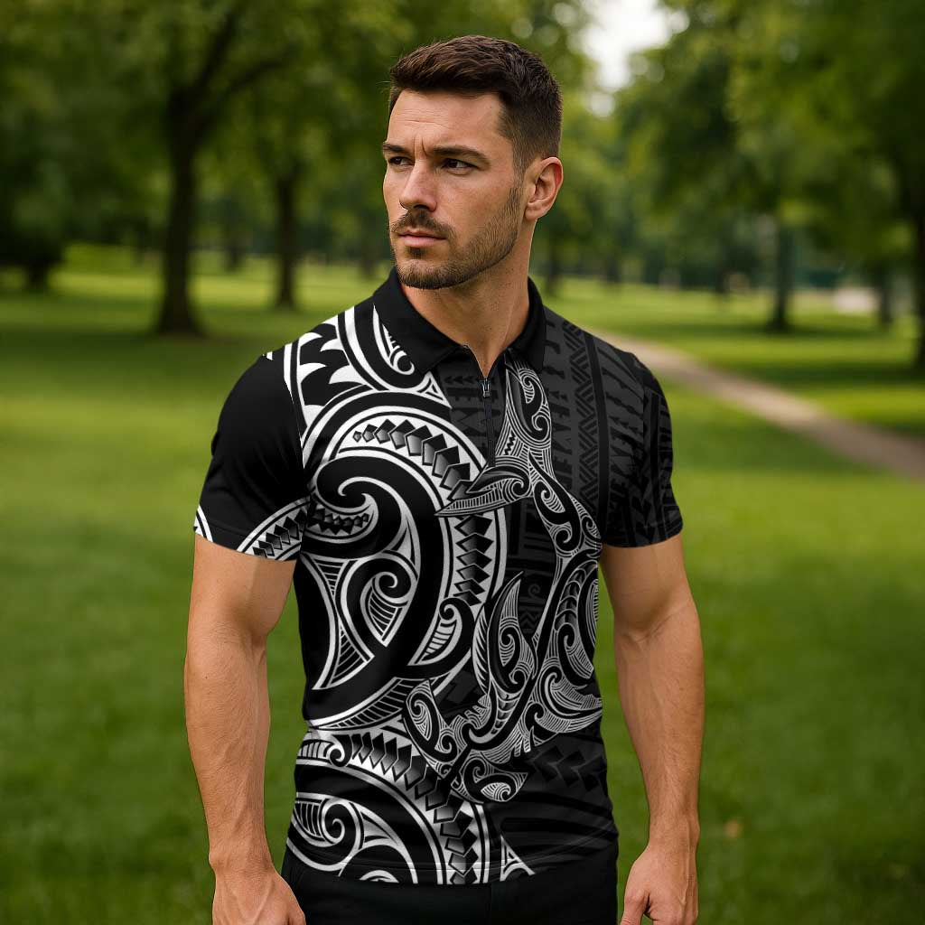 New Zealand Hammerhead Shark Zipper Polo Shirt Maori Haehae Mangopare Black - Vibe Hoodie