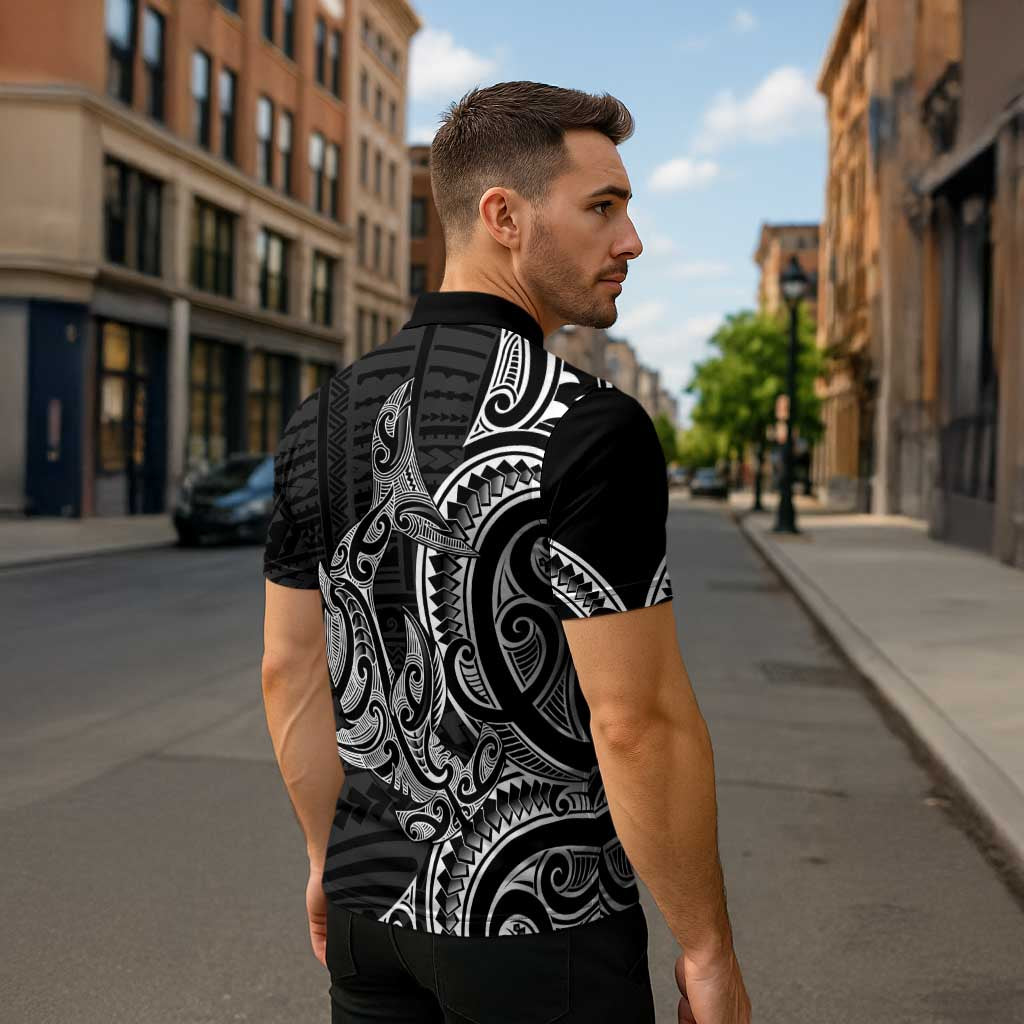 New Zealand Hammerhead Shark Zipper Polo Shirt Maori Haehae Mangopare Black - Vibe Hoodie