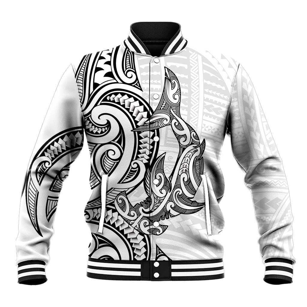 New Zealand Hammerhead Shark Baseball Jacket Maori Haehae Mangopare White - Vibe Hoodie